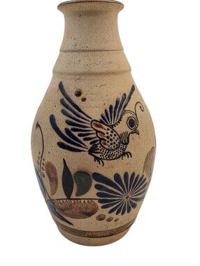 Large Mexican Tonala Folk Art Pottery Bird Floral Vase 11” Hand Painted Mexico